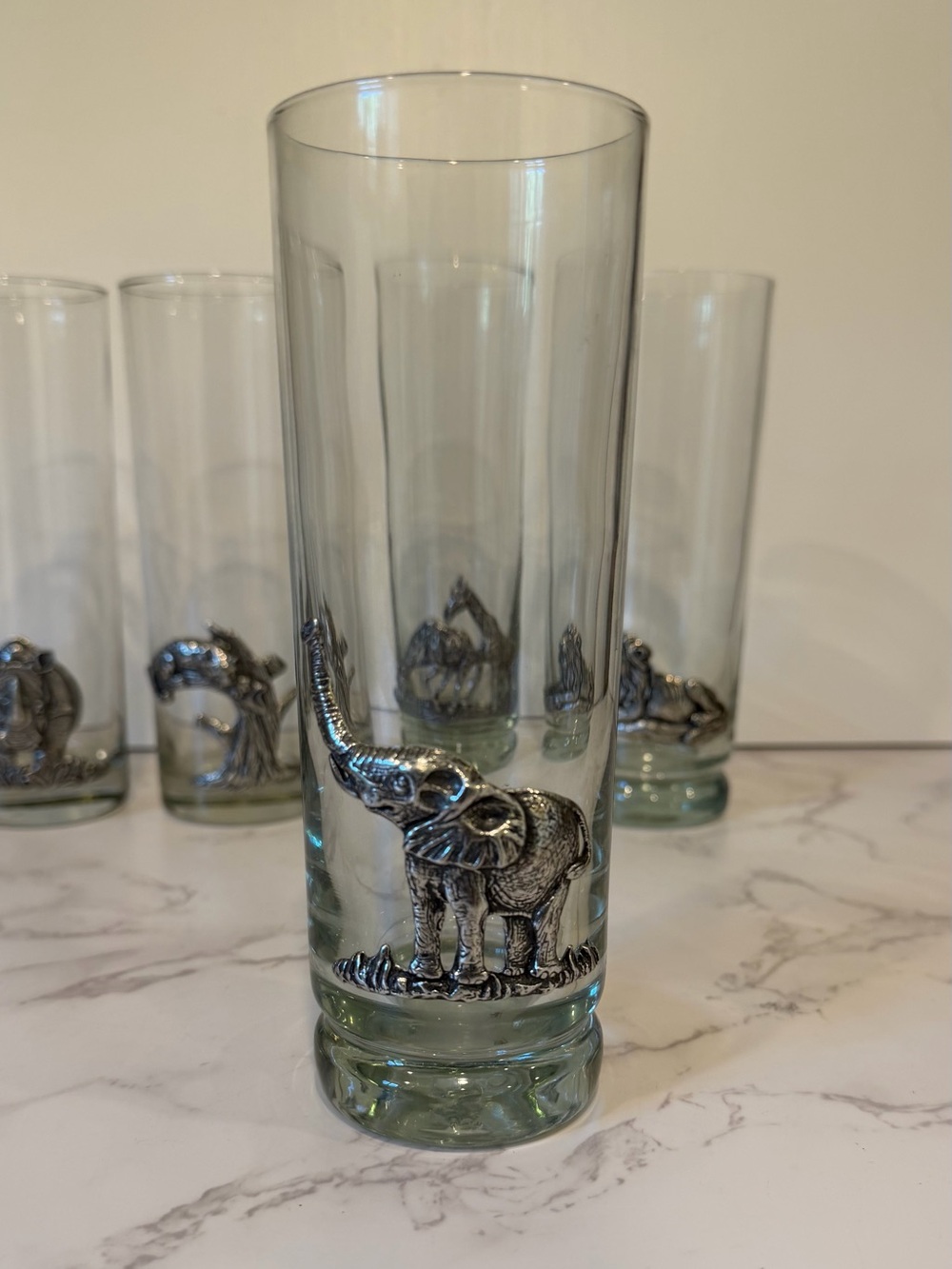 Vintage Makoulpa Safari Pewter Animal Highball Glasses Set of 6 Cocktail Barware